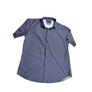 Rugby University Men's Large Stretch Button Up Shirt Blue Geometric Print Casual